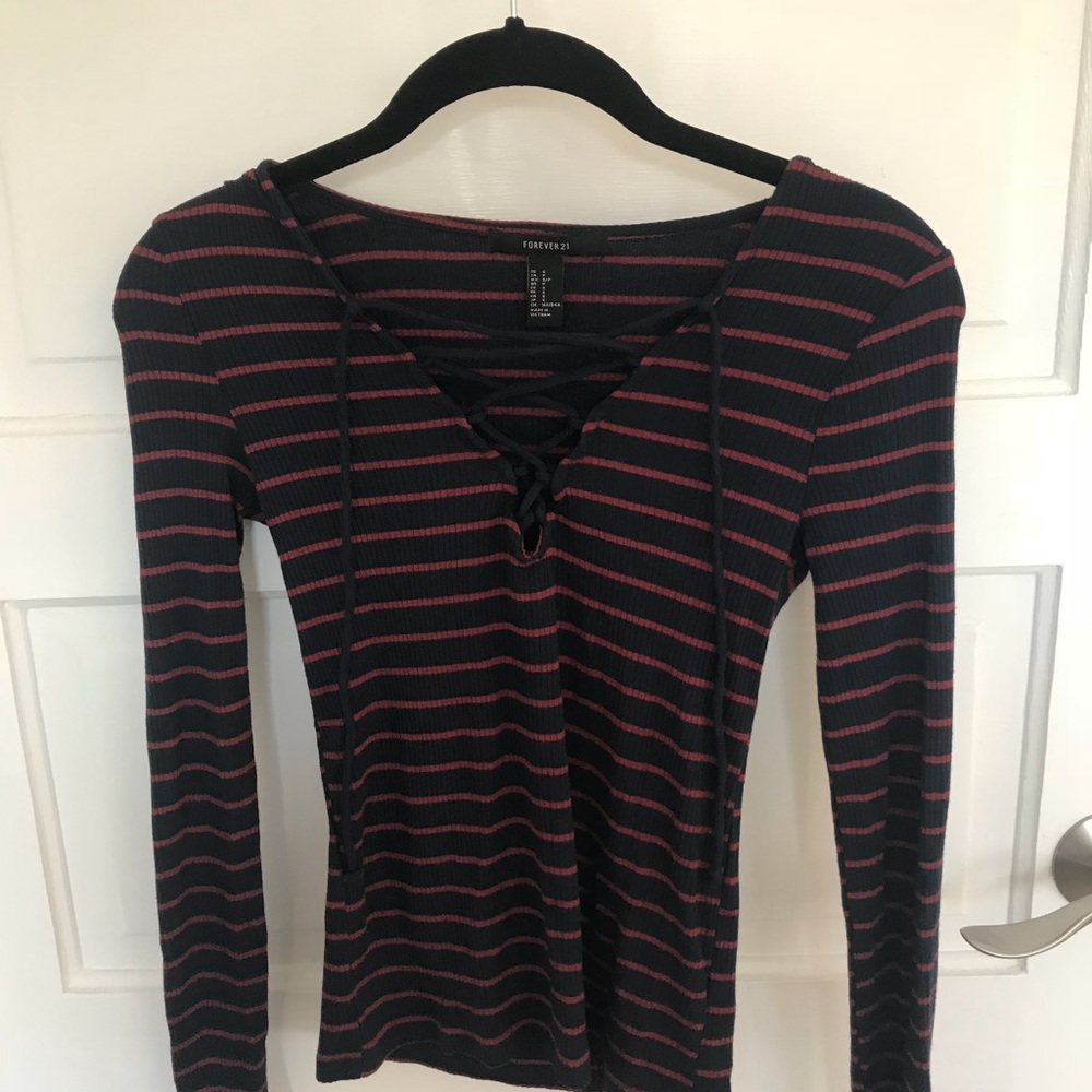Lace-up Long Sleeve Striped Shirt